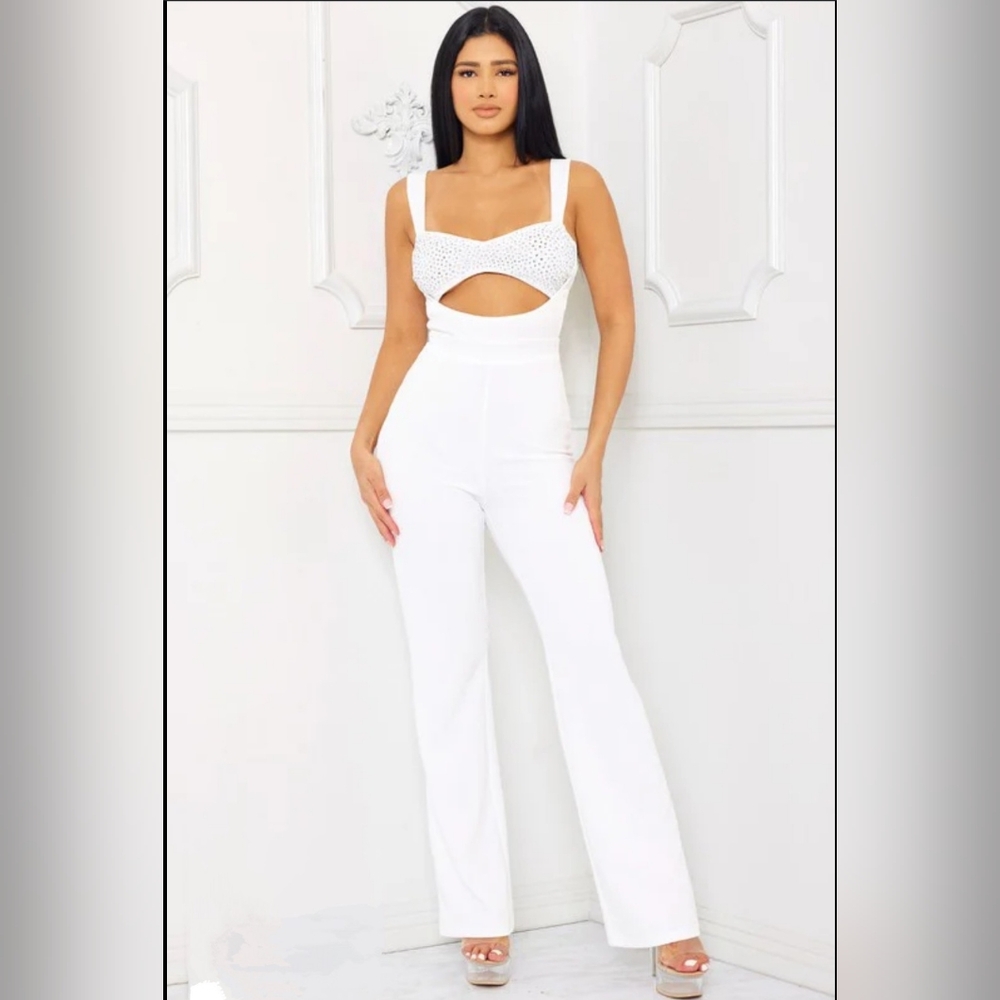Beautiful Rhinestone Cutout White Jumpsuit NWT - Picture 9 of 15